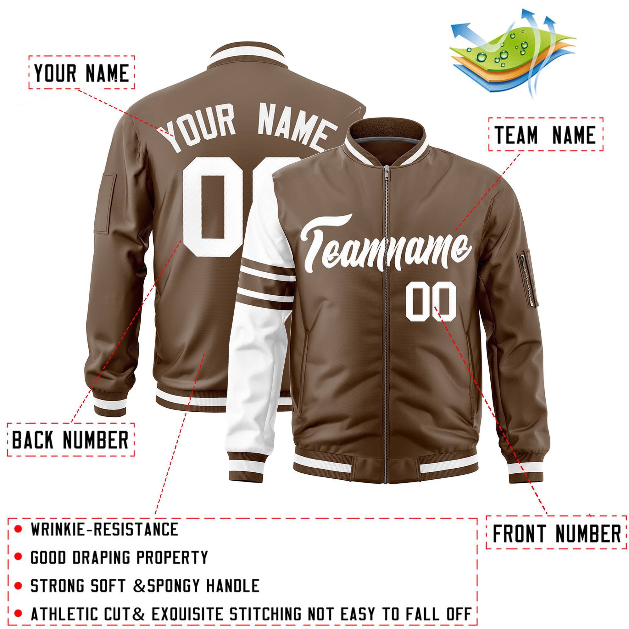 Custom Light Brown White Varsity Full-Zip Raglan Sleeves Stripe Letterman Bomber Jacket