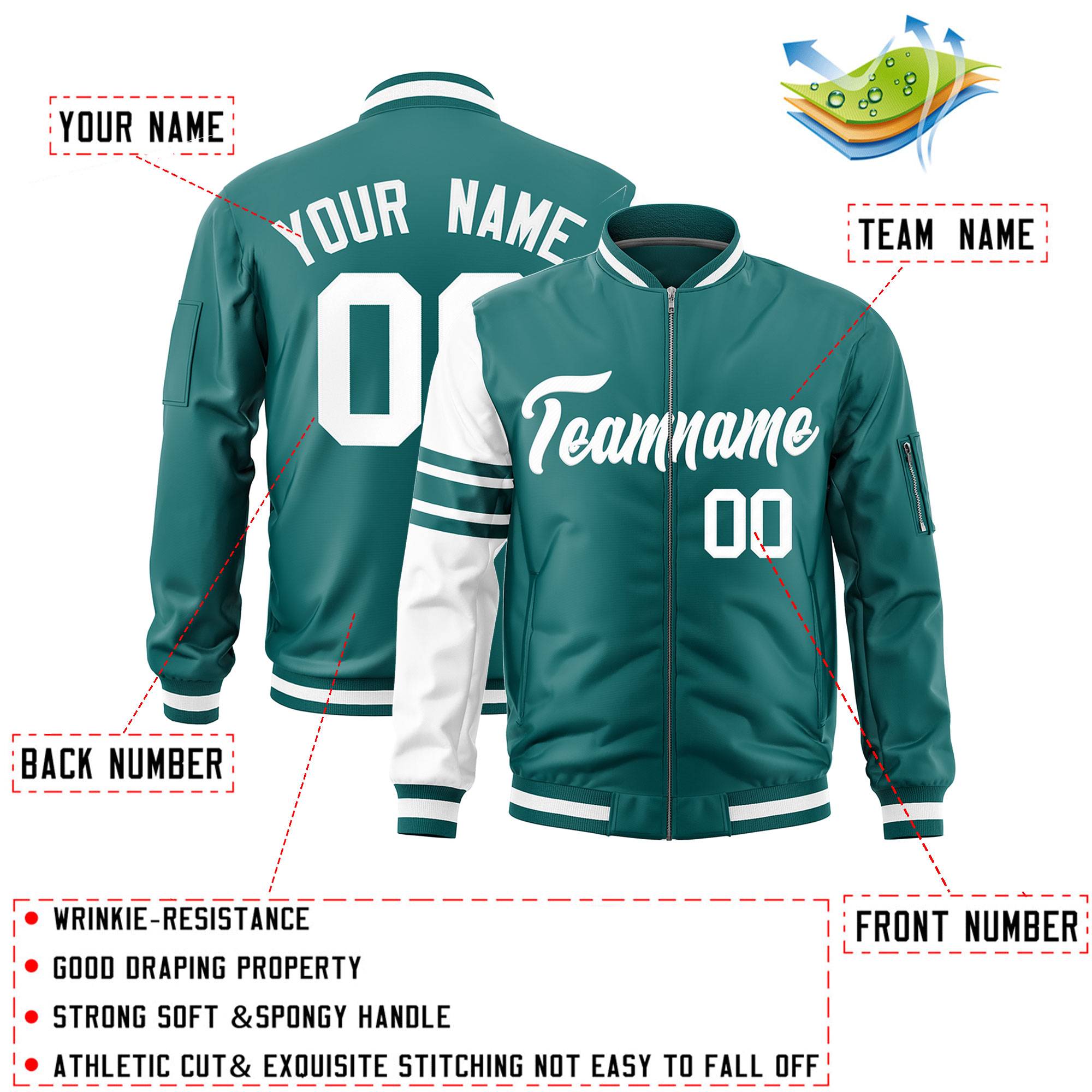 Custom Aqua White Varsity Full-Zip Raglan Sleeves Stripe Letterman Bomber Jacket