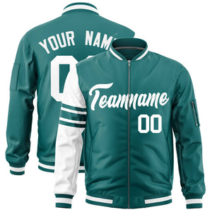 Custom Aqua White Varsity Full-Zip Raglan Sleeves Stripe Letterman Bomber Jacket