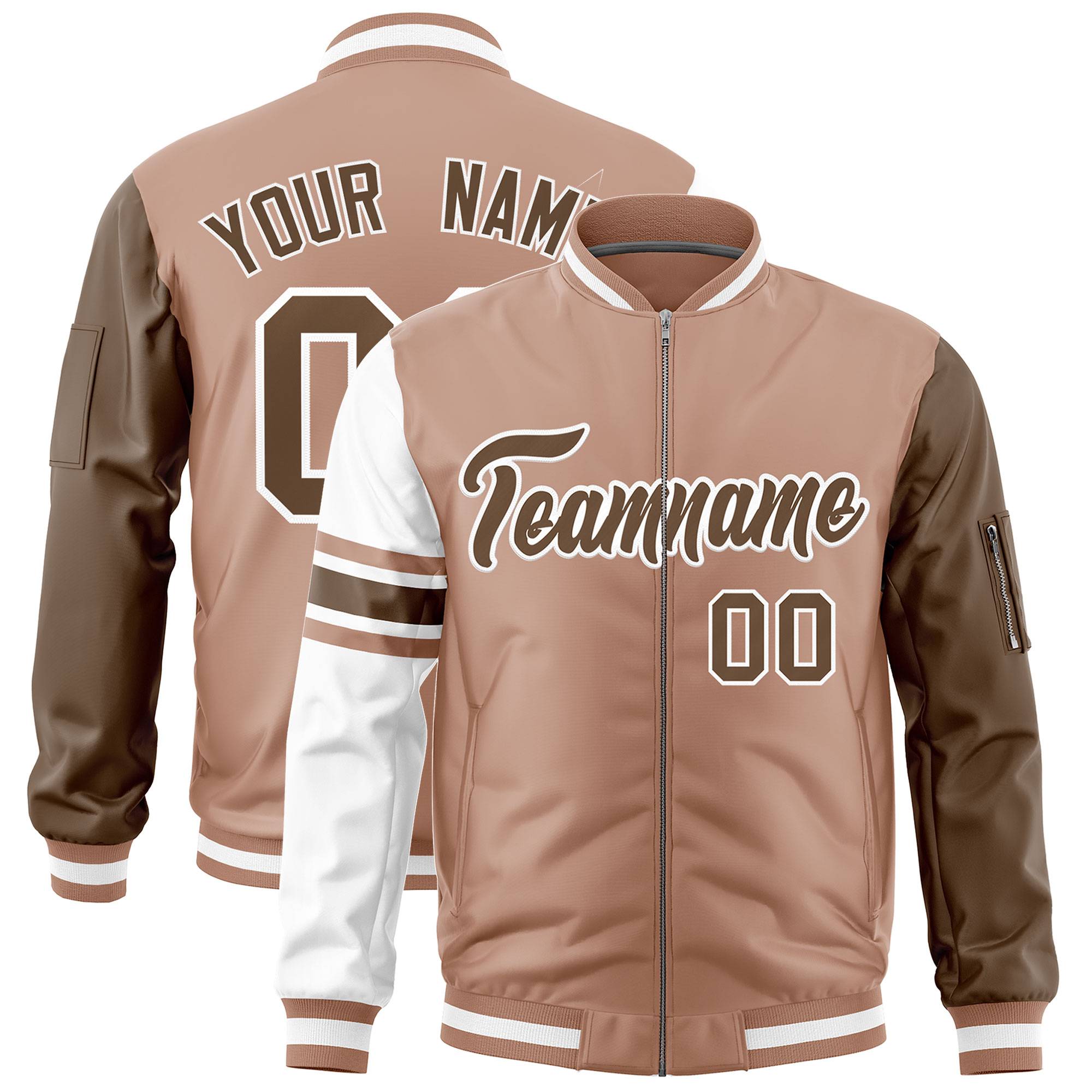 Custom Coffee Brown Light Brown-White Varsity Full-Zip Raglan Sleeves Stripe Letterman Bomber Jacket