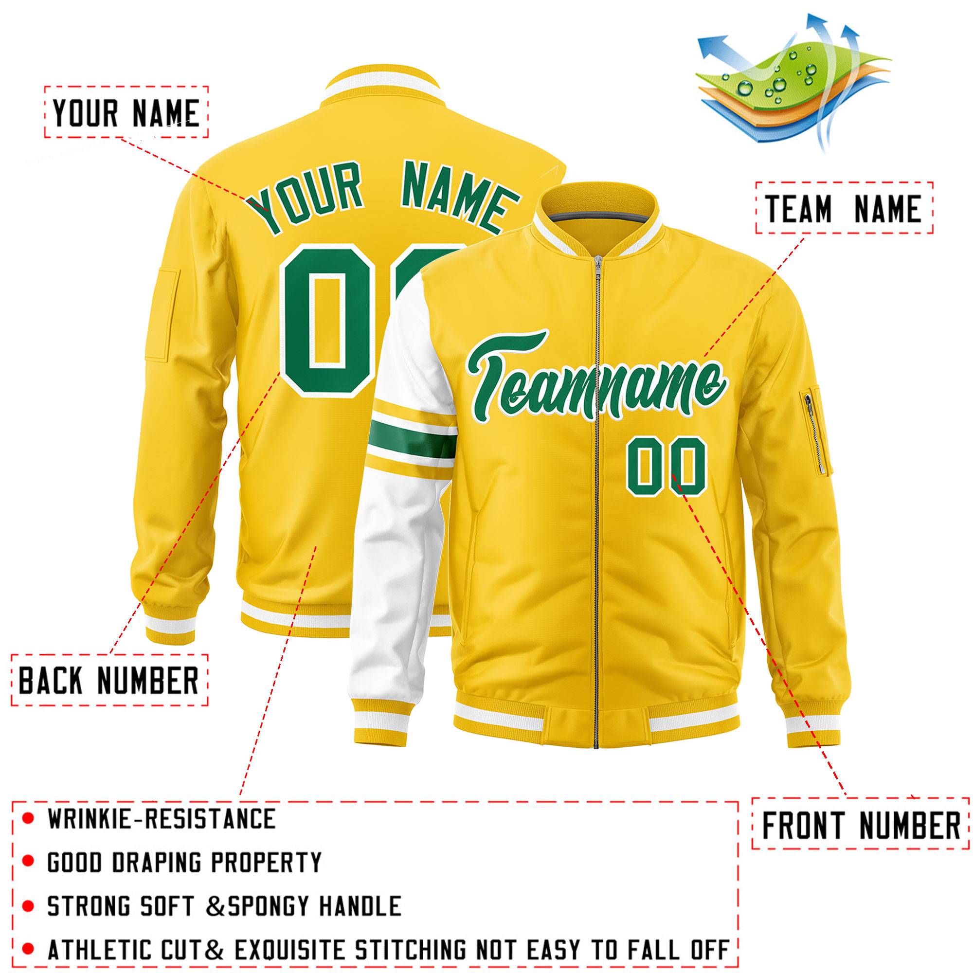 Custom Gold White Varsity Full-Zip Raglan Sleeves Stripe Letterman Bomber Jacket