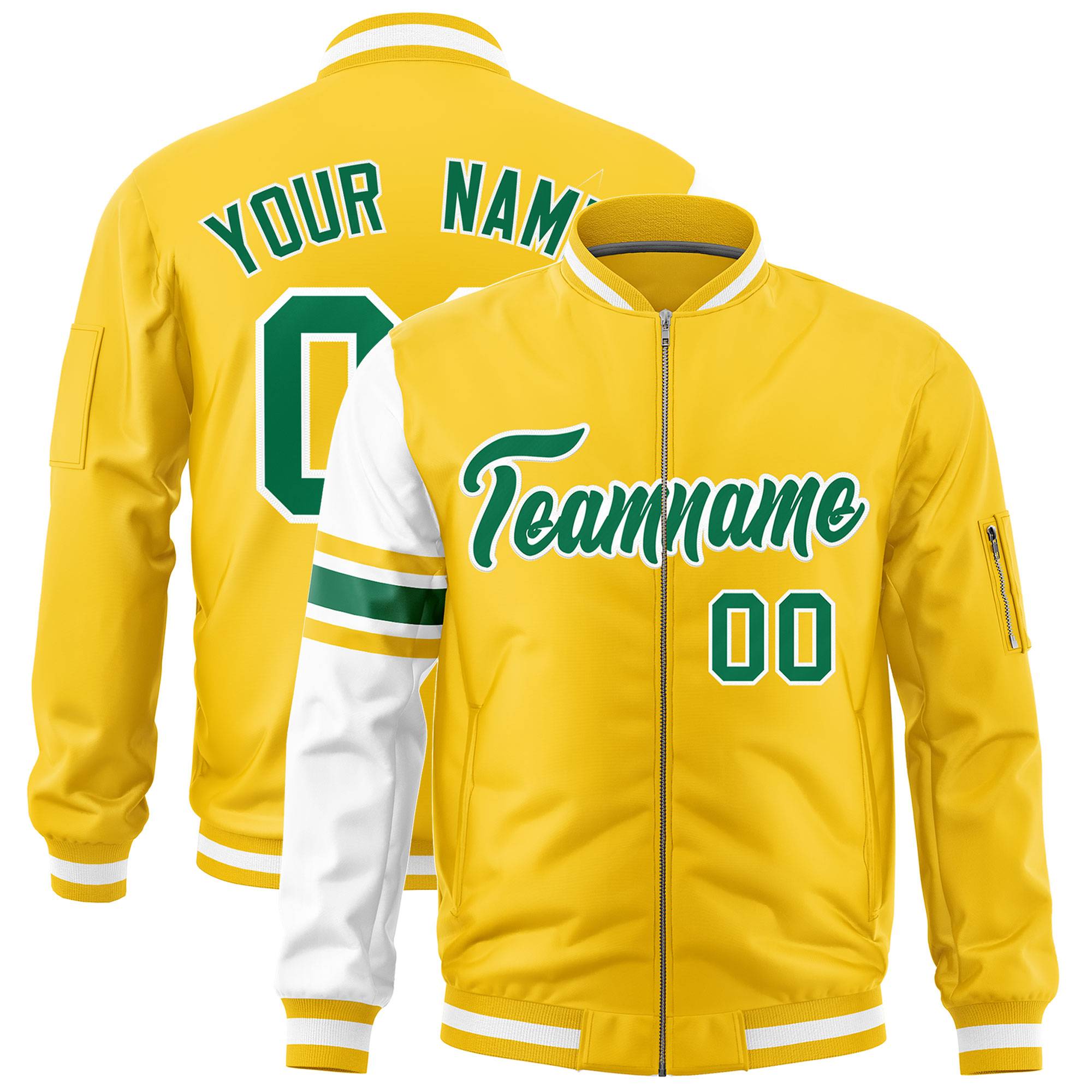 Custom Gold White Varsity Full-Zip Raglan Sleeves Stripe Letterman Bomber Jacket