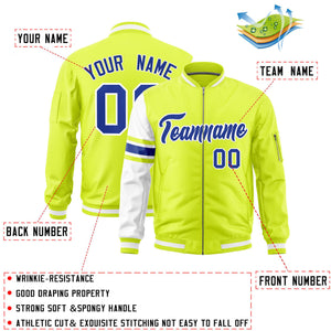 Custom Fluorescent Green White Varsity Full-Zip Raglan Sleeves Stripe Letterman Bomber Jacket