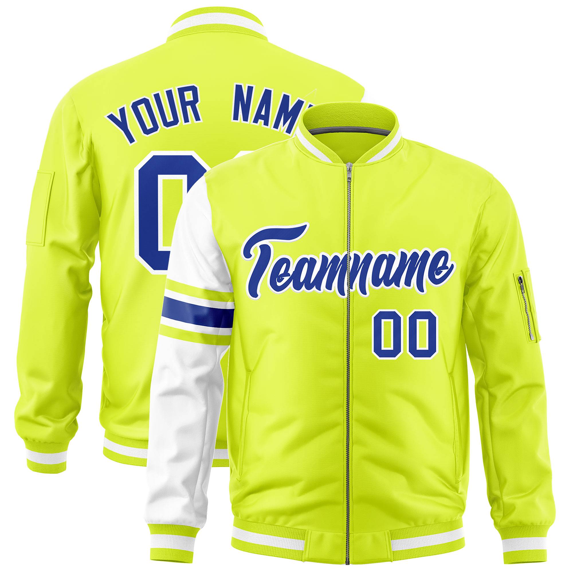 Custom Fluorescent Green White Varsity Full-Zip Raglan Sleeves Stripe Letterman Bomber Jacket