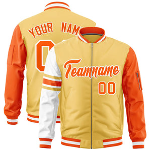 Custom Khaki Orange-White Varsity Full-Zip Raglan Sleeves Stripe Letterman Bomber Jacket