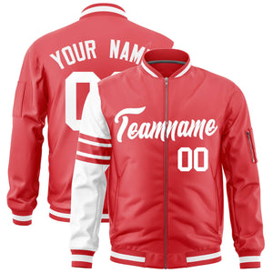 Custom Light Red White Varsity Full-Zip Raglan Sleeves Stripe Letterman Bomber Jacket