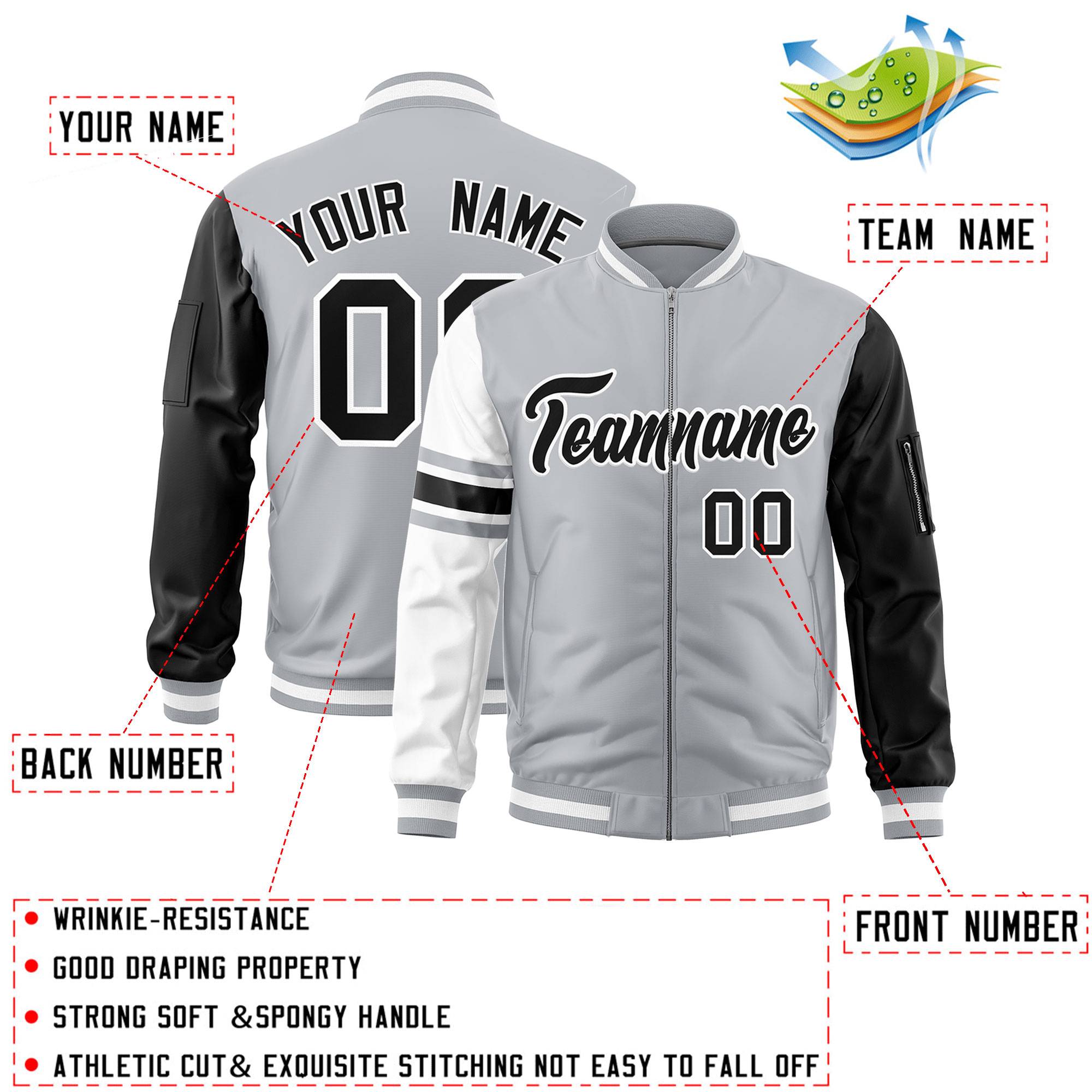 Custom Silver Black-White Varsity Full-Zip Raglan Sleeves Stripe Letterman Bomber Jacket