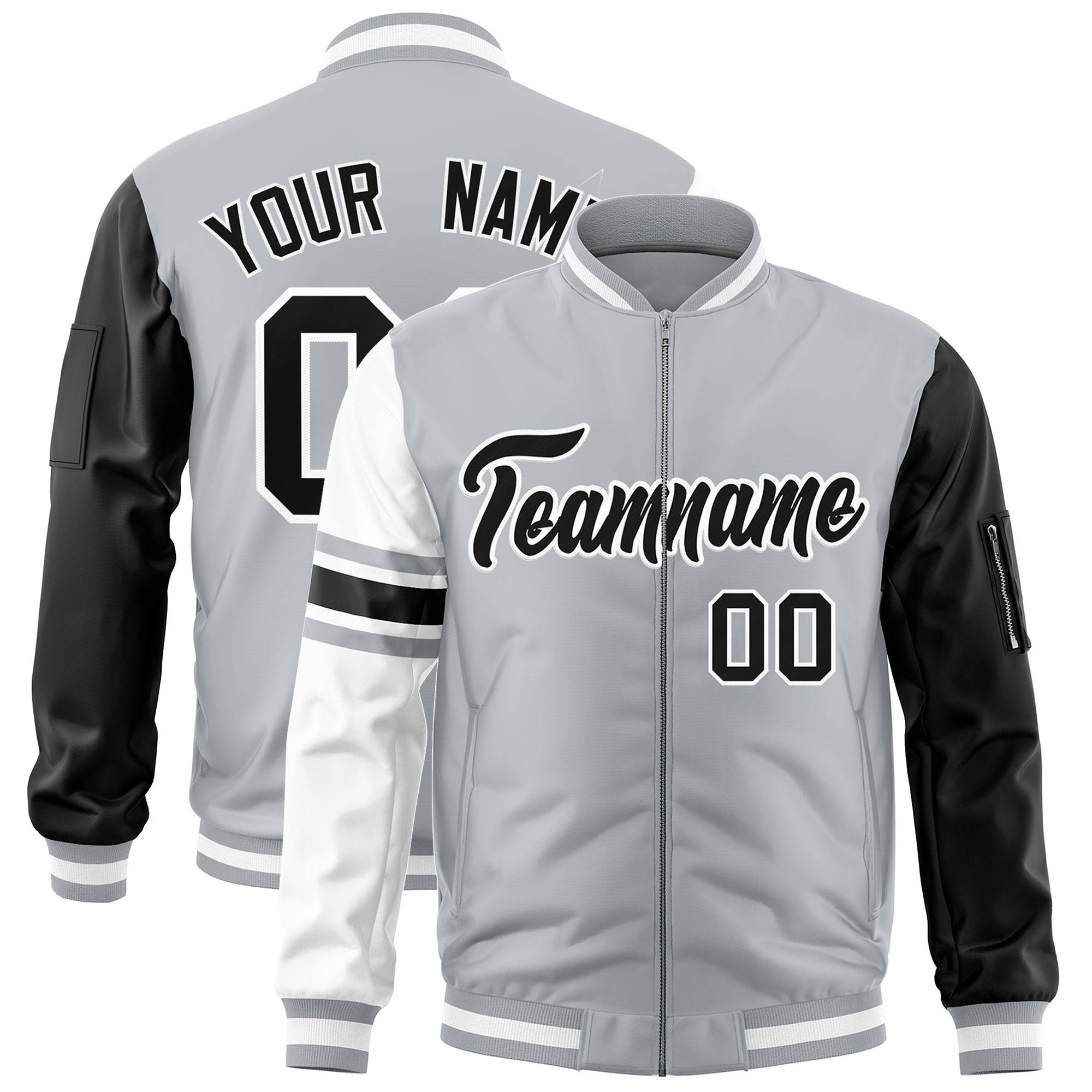 Custom Silver Black-White Varsity Full-Zip Raglan Sleeves Stripe Letterman Bomber Jacket