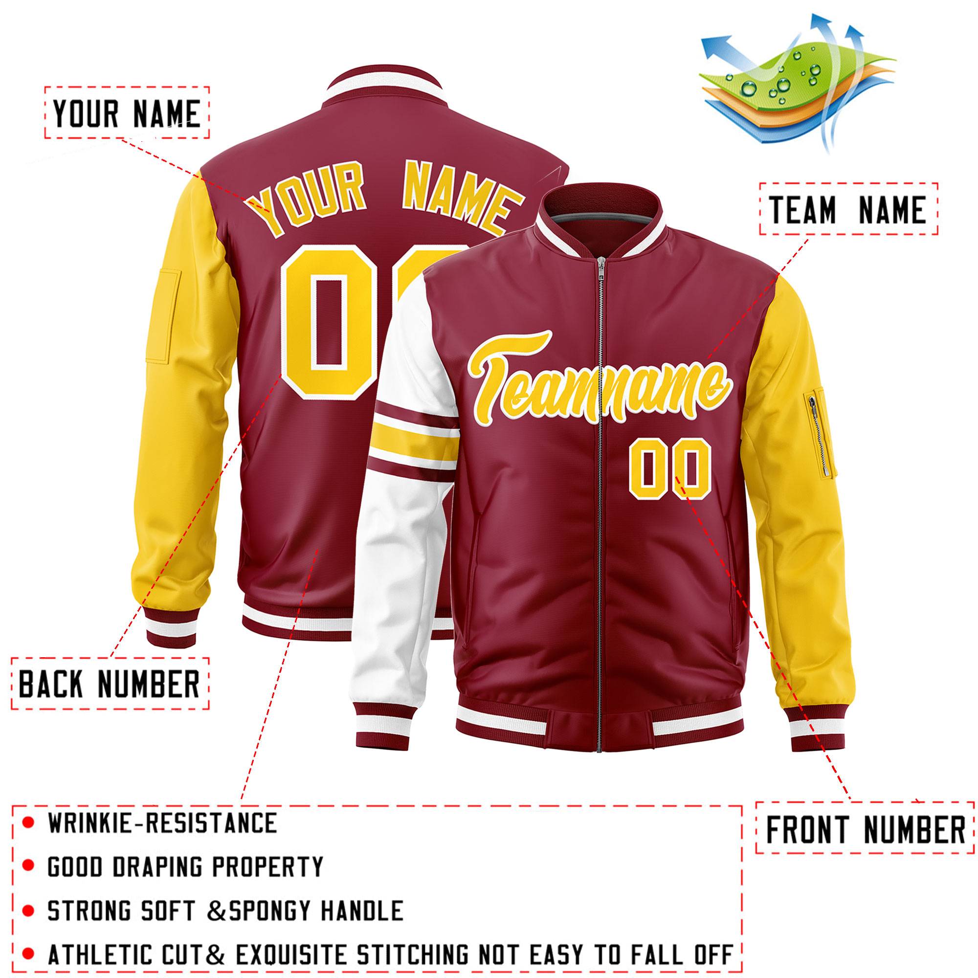 Custom Crimson Gold-White Varsity Full-Zip Raglan Sleeves Stripe Letterman Bomber Jacket