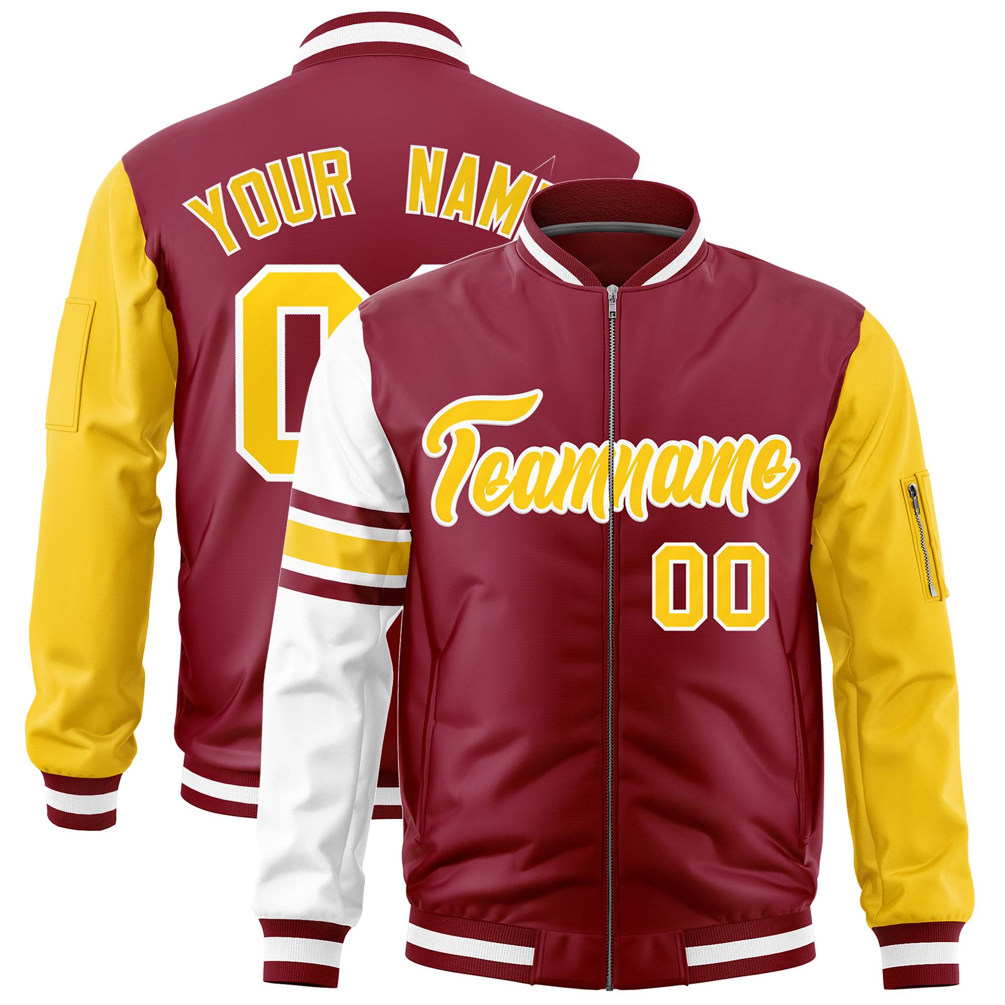 Custom Crimson Gold-White Varsity Full-Zip Raglan Sleeves Stripe Letterman Bomber Jacket