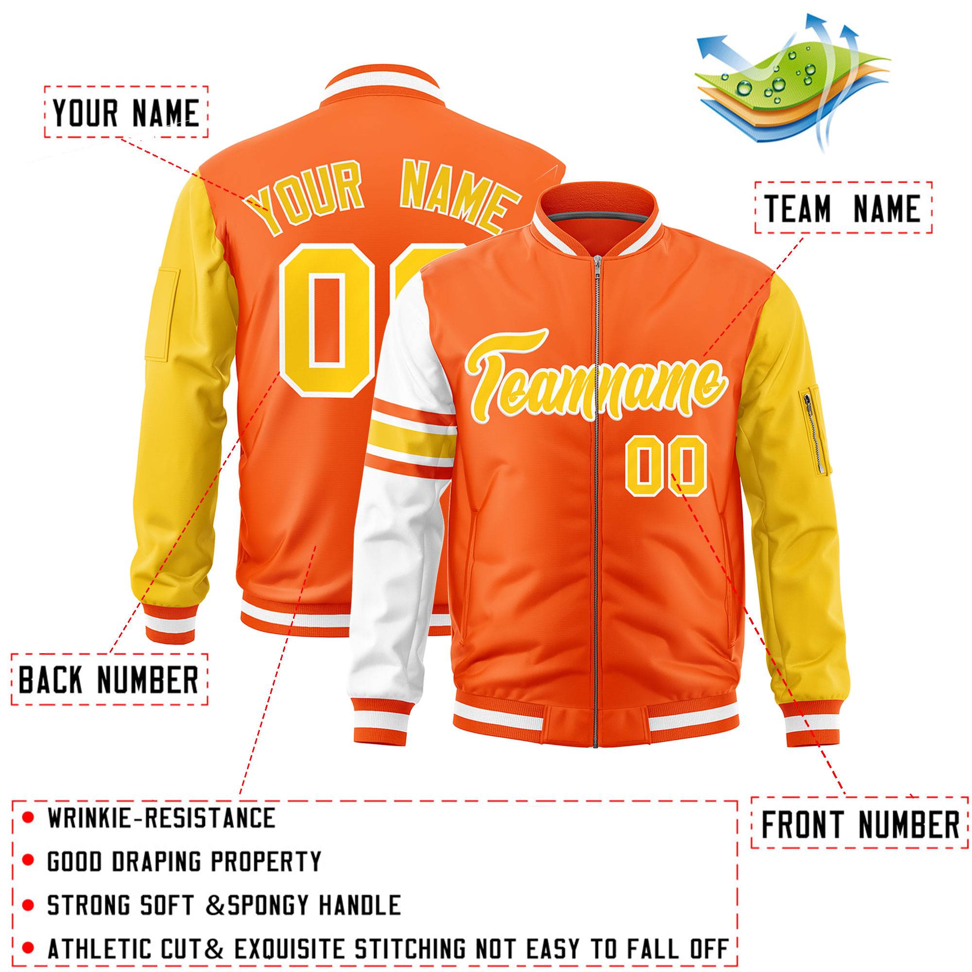 Custom Orange Gold-White Varsity Full-Zip Raglan Sleeves Stripe Letterman Bomber Jacket