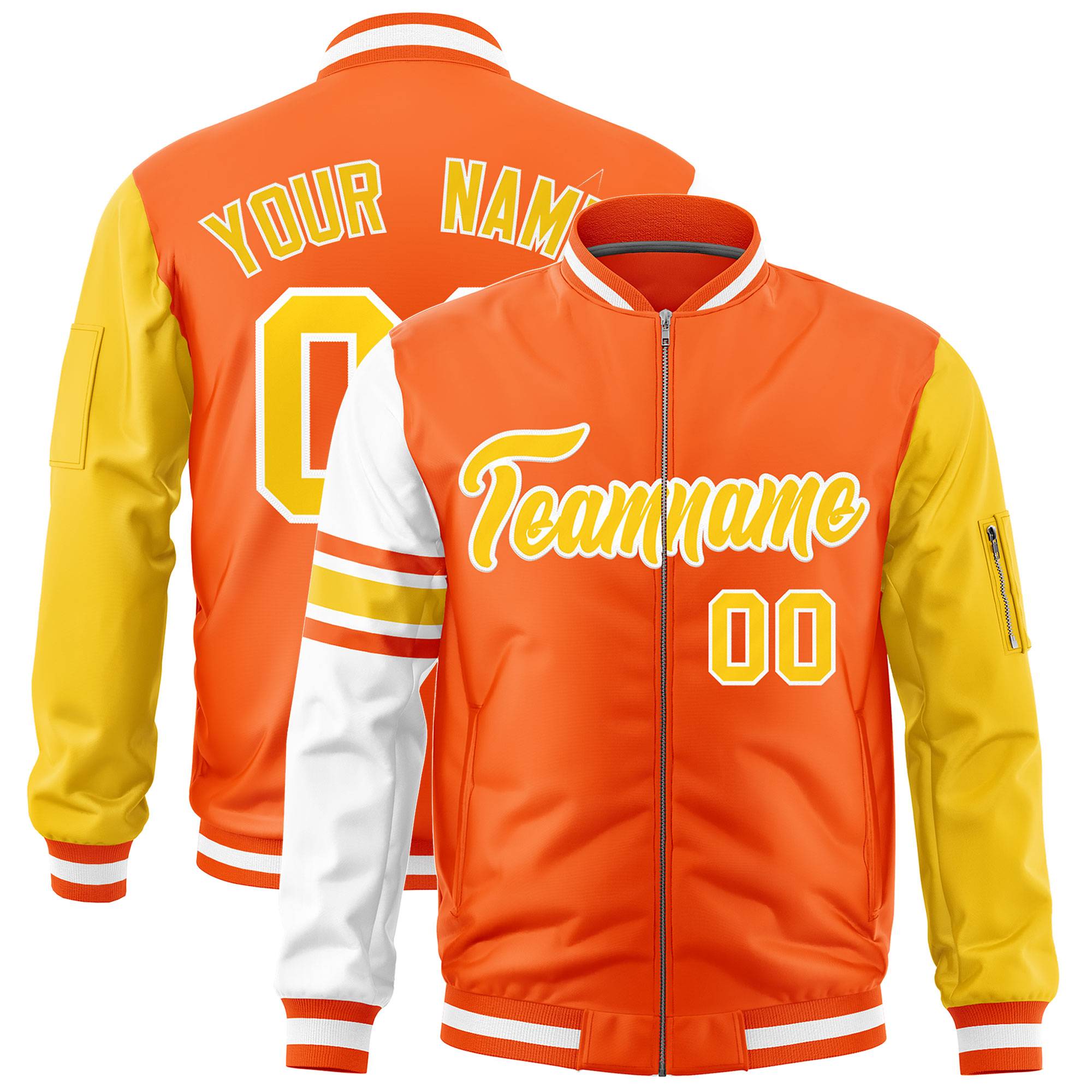 Custom Orange Gold-White Varsity Full-Zip Raglan Sleeves Stripe Letterman Bomber Jacket