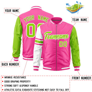 Custom Pink Neon Green-White Varsity Full-Zip Raglan Sleeves Stripe Letterman Bomber Jacket