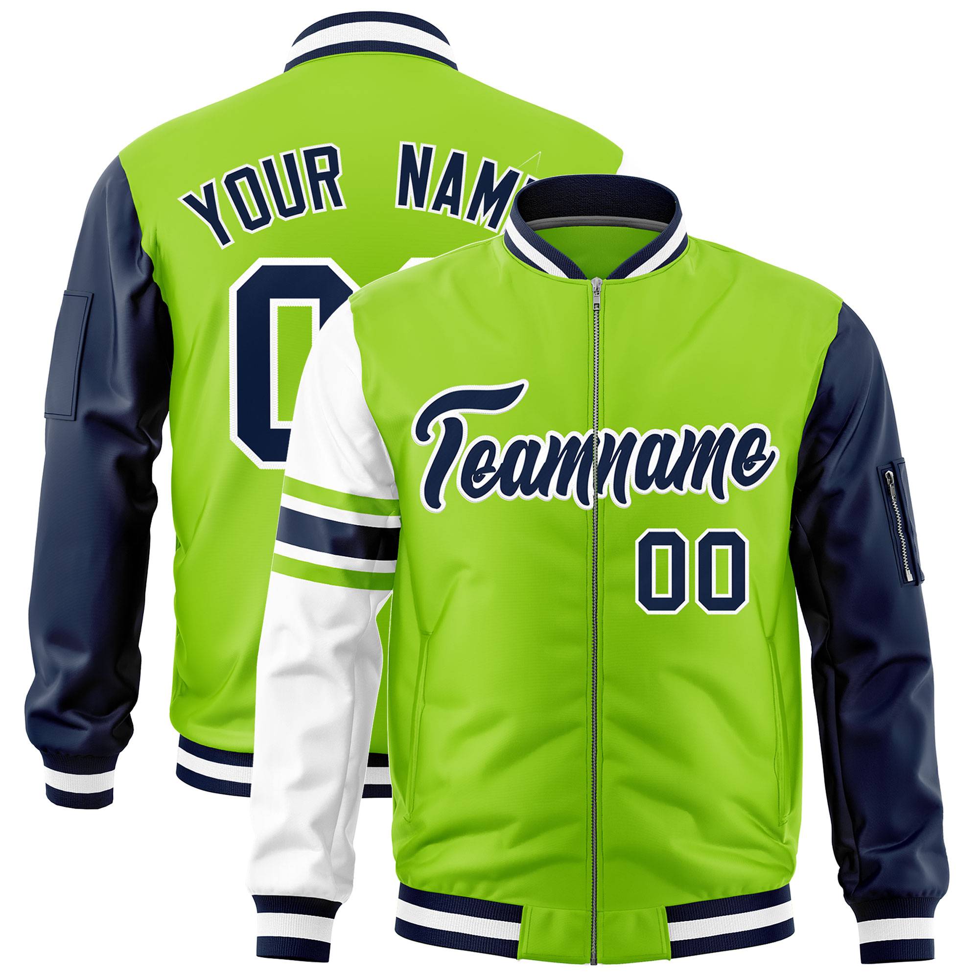 Custom Neon Green Navy-White Varsity Full-Zip Raglan Sleeves Stripe Letterman Bomber Jacket