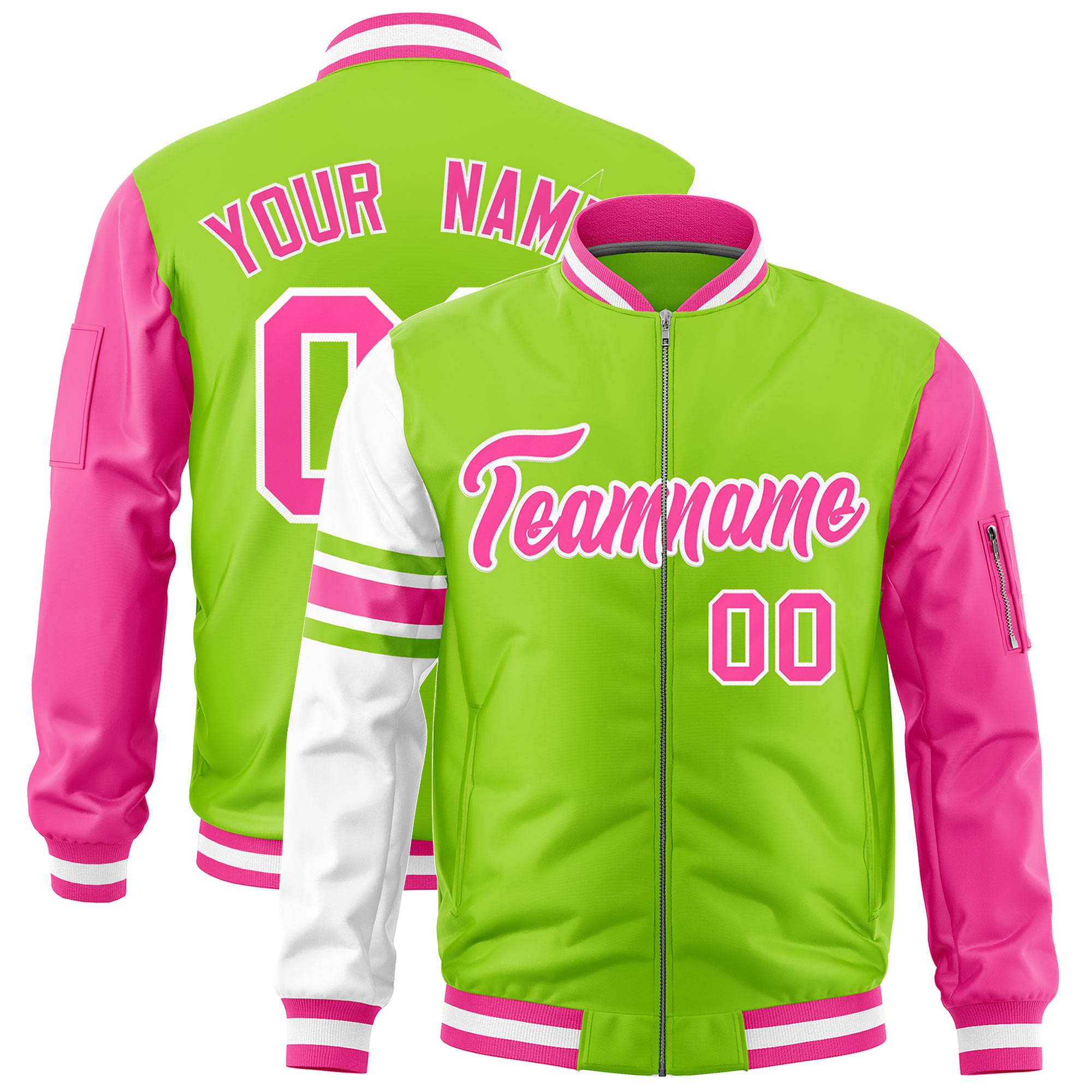 Custom Neon Green Pink-White Varsity Full-Zip Raglan Sleeves Stripe Letterman Bomber Jacket