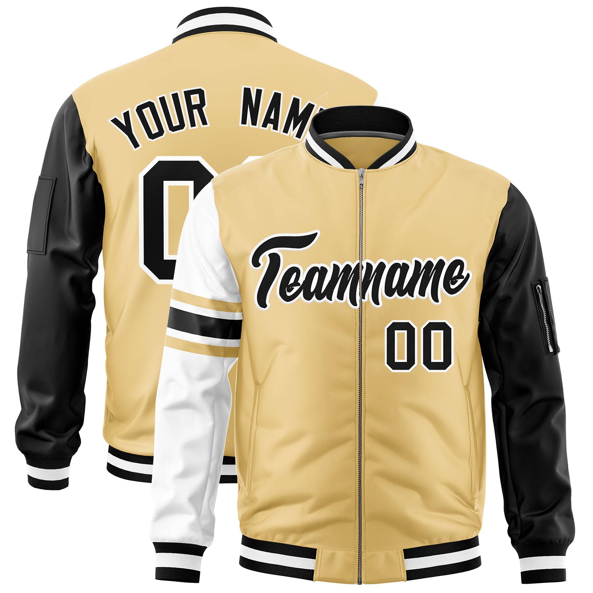 Custom Khaki Black-White Varsity Full-Zip Raglan Sleeves Stripe Letterman Bomber Jacket