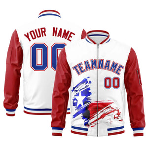 Custom White Red Raglan Sleeves Varsity Full Zip Texas Patterns Letterman Bomber Jacket