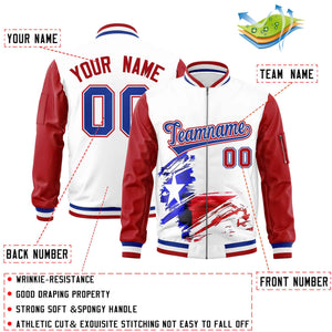 Custom White Red Raglan Sleeves Varsity Full Zip Texas Patterns Letterman Bomber Jacket