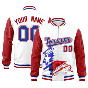 Custom White Red Raglan Sleeves Varsity Full Zip Texas Patterns Letterman Bomber Jacket