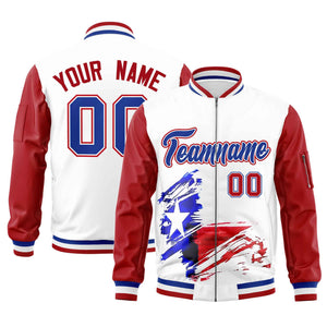 Custom White Red Raglan Sleeves Varsity Full Zip Texas Patterns Letterman Bomber Jacket