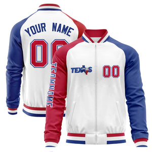 Custom White Red-Royal Green Texas Flag Varsity Full-Zip Raglan Sleeves Letterman Bomber Jacket