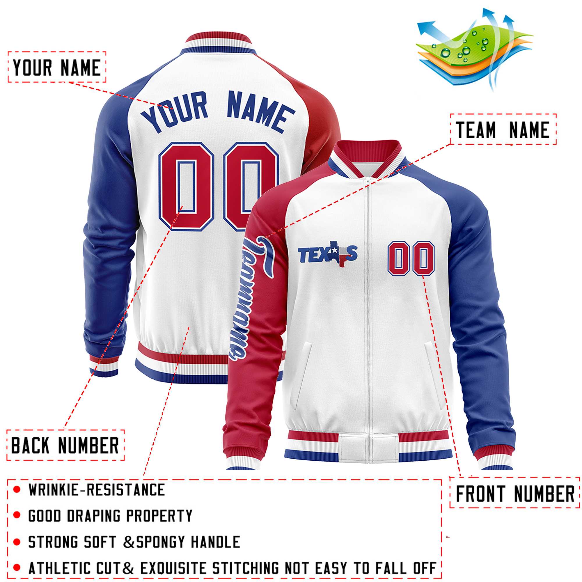 Custom White Red-Royal Green Texas Flag Varsity Full-Zip Raglan Sleeves Letterman Bomber Jacket