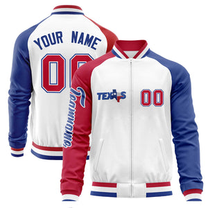 Custom White Red-Royal Green Texas Flag Varsity Full-Zip Raglan Sleeves Letterman Bomber Jacket