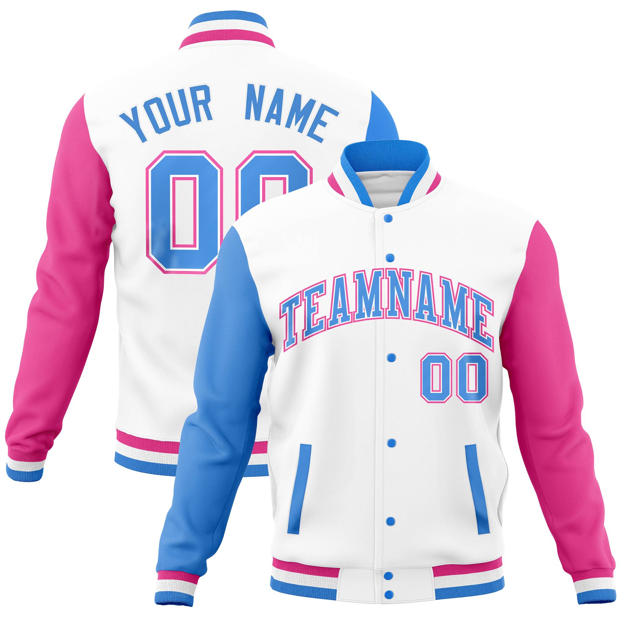 Custom White Pink-Powder Blue Full-Snap Varsity Raglan Sleeves Letterman Baseball Jacket