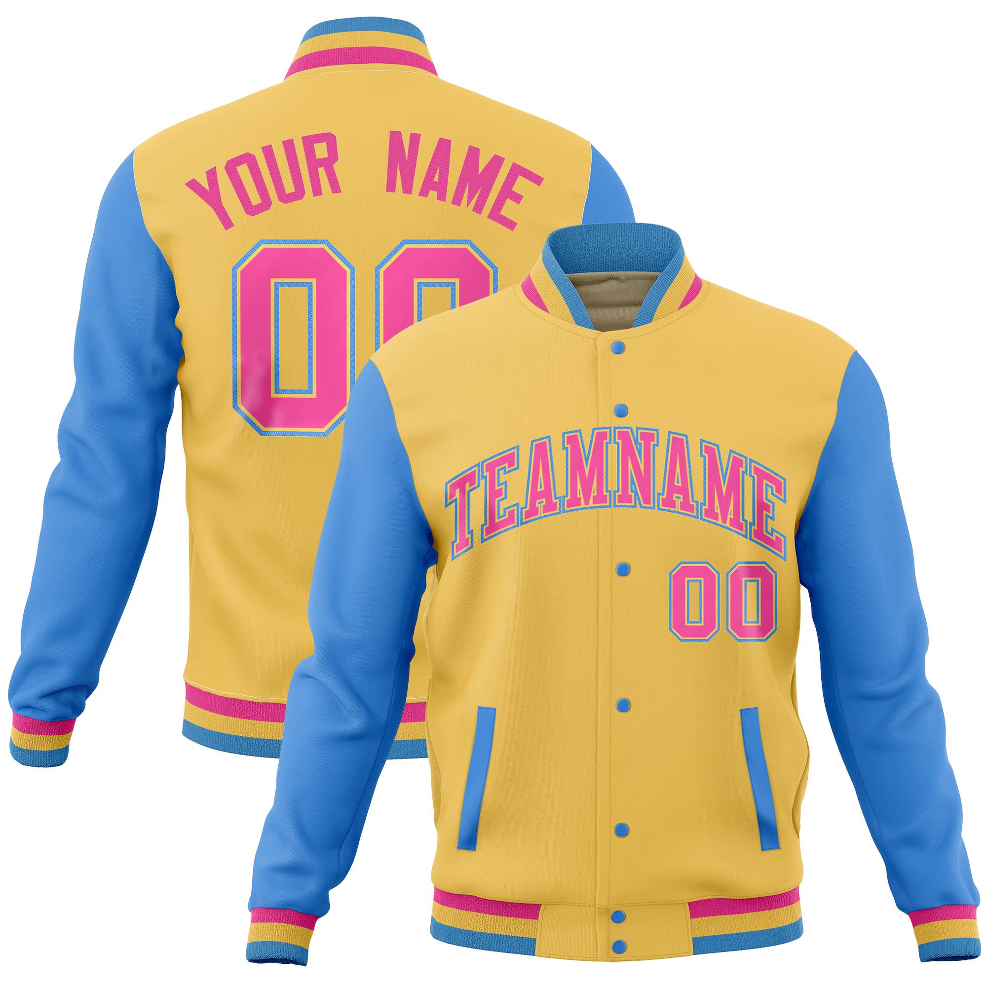 Custom Khaki Powder Blue Full-Snap Varsity Raglan Sleeves Letterman Baseball Jacket