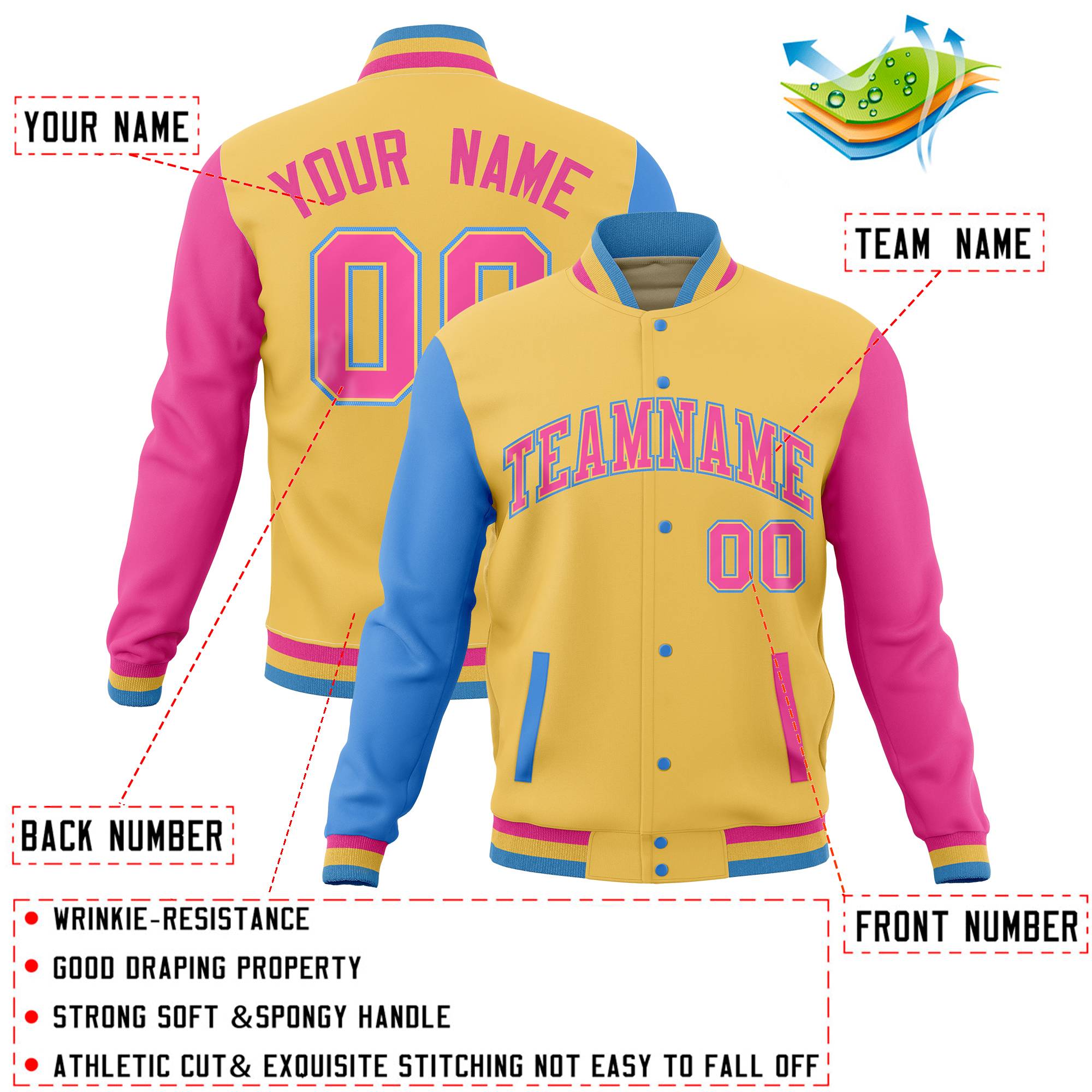 Custom Powder Blue Pink Full-Snap Varsity Raglan Sleeves Letterman Baseball Jacket