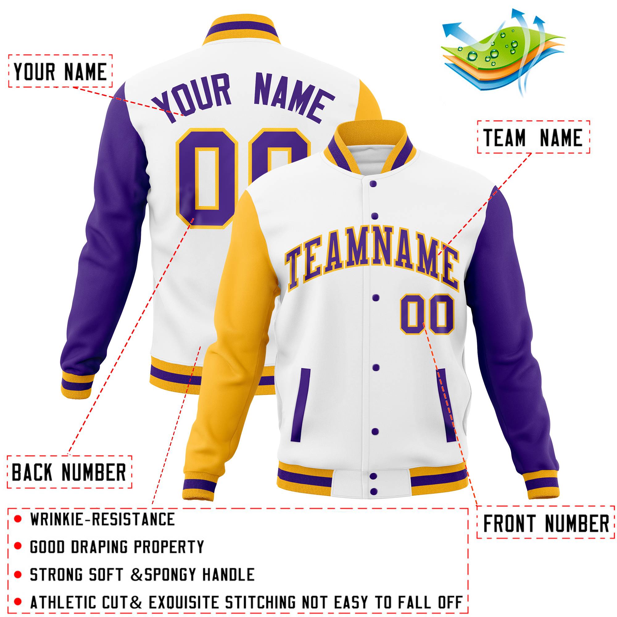 Custom White Orange-Gold Full-Snap Varsity Raglan Sleeves Letterman Baseball Jacket