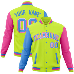 Custom Midnight Green Pink-Powder Blue Full-Snap Varsity Raglan Sleeves Letterman Baseball Jacket