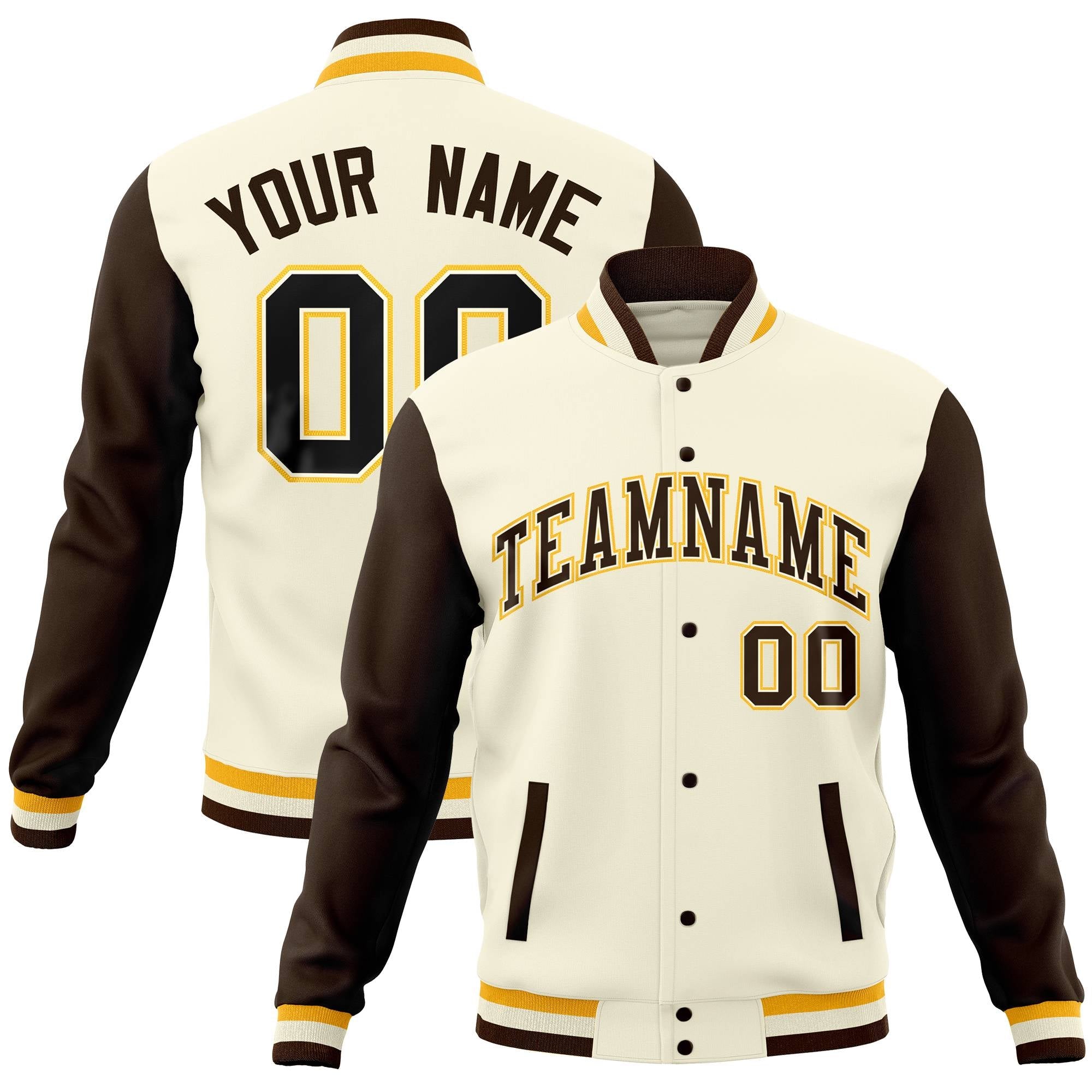 Custom Cream Brown Full-Snap Varsity Raglan Sleeves Letterman Baseball Jacket