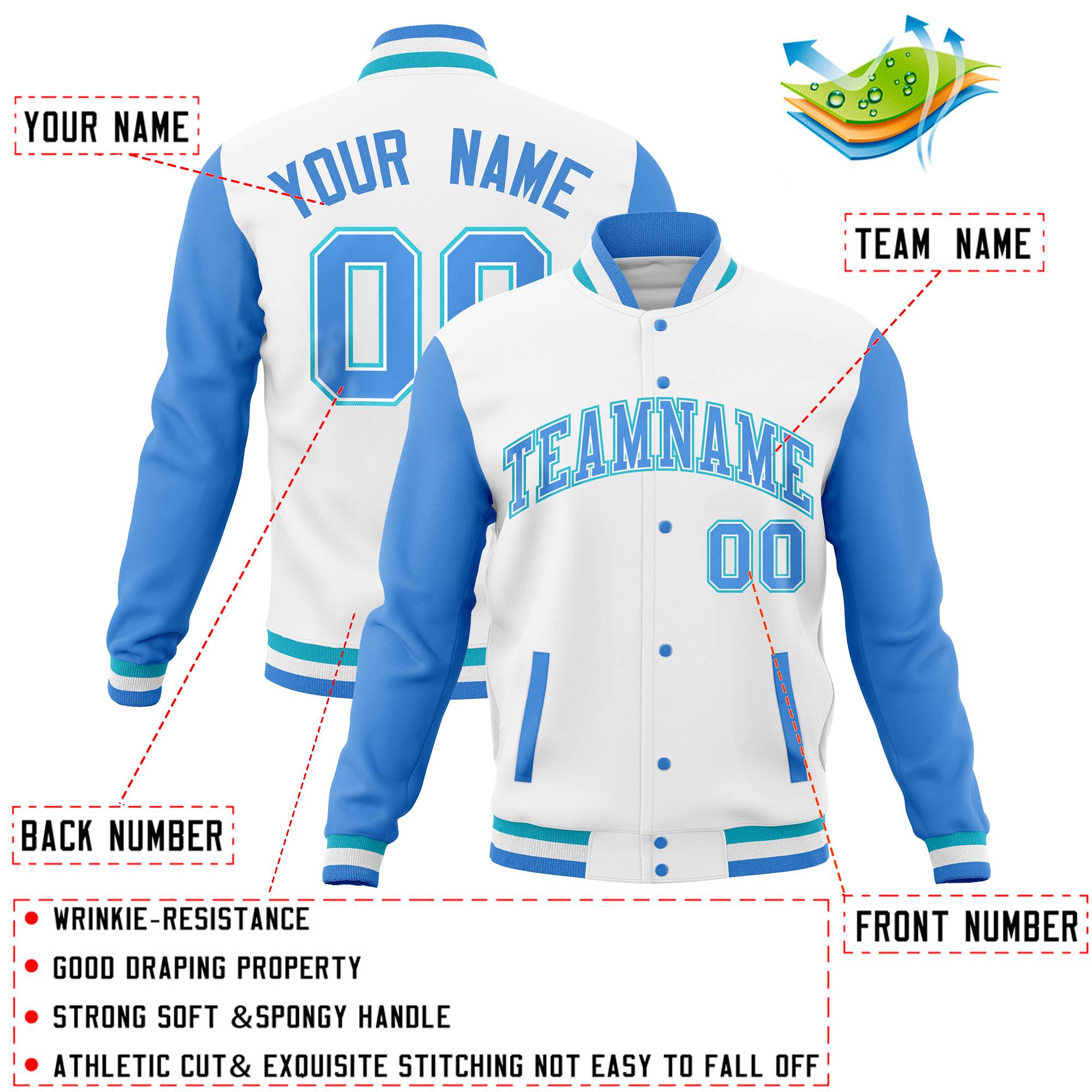 Custom White Powder Blue Full-Snap Varsity Raglan Sleeves Letterman Baseball Jacket