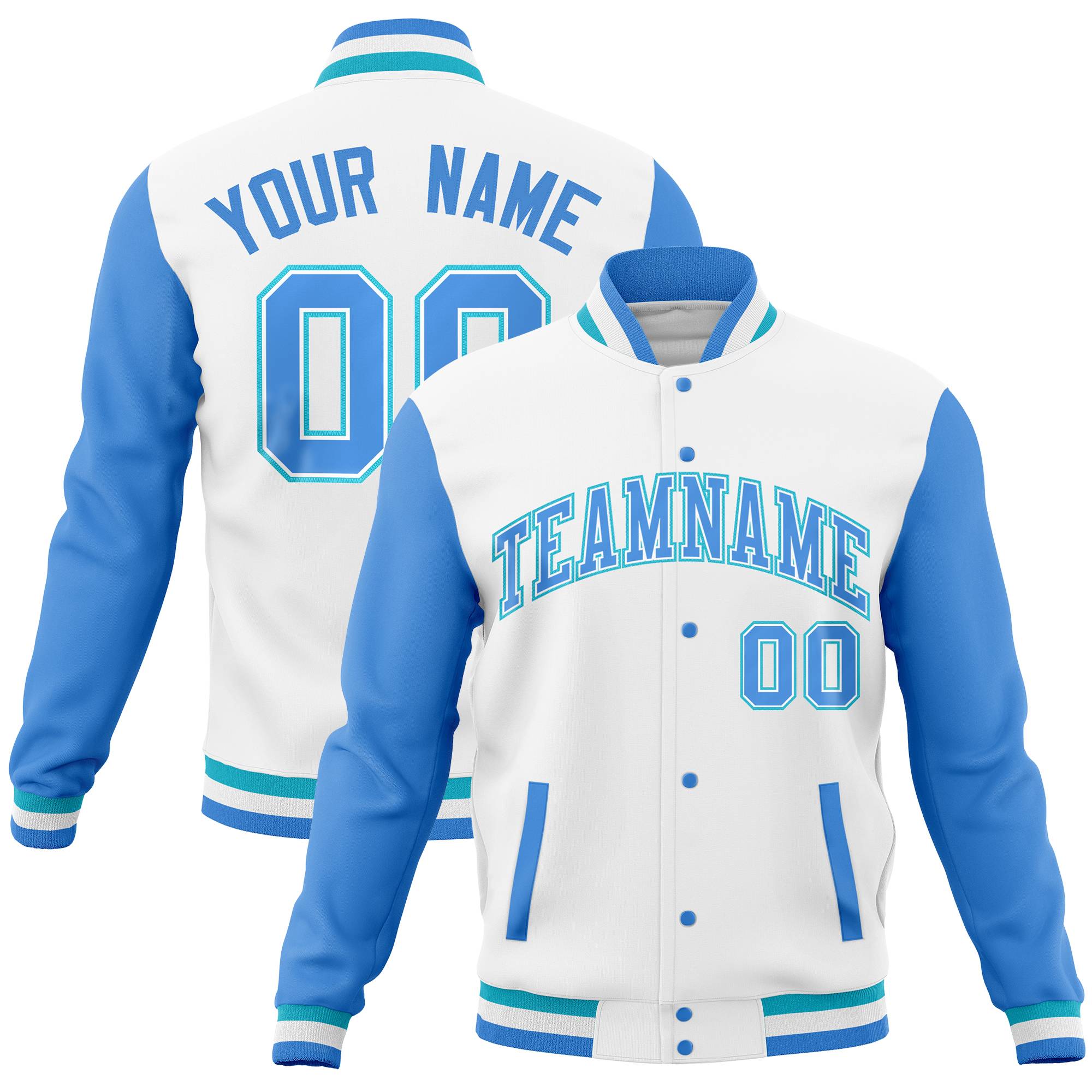 Custom White Powder Blue Full-Snap Varsity Raglan Sleeves Letterman Baseball Jacket