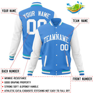 Custom Powder Blue White Full-Snap Varsity Raglan Sleeves Letterman Baseball Jacket