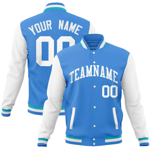 Custom Powder Blue White Full-Snap Varsity Raglan Sleeves Letterman Baseball Jacket