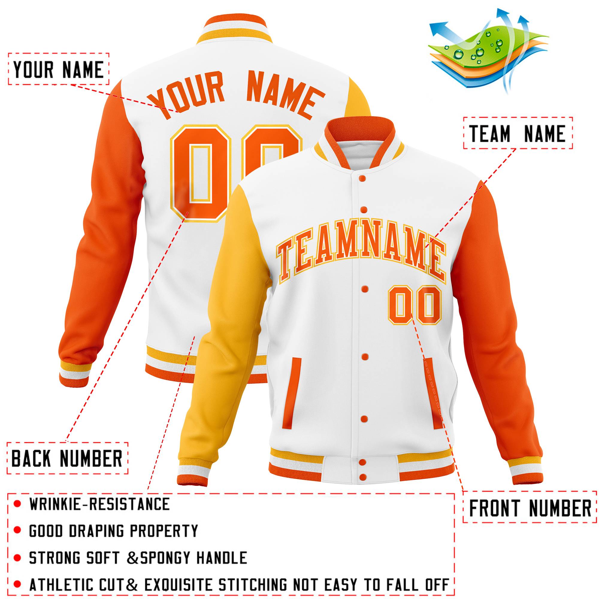 Custom White Orange-Gold Full-Snap Varsity Raglan Sleeves Letterman Baseball Jacket