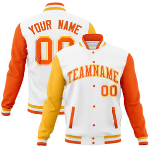 Custom White Orange-Gold Full-Snap Varsity Raglan Sleeves Letterman Baseball Jacket