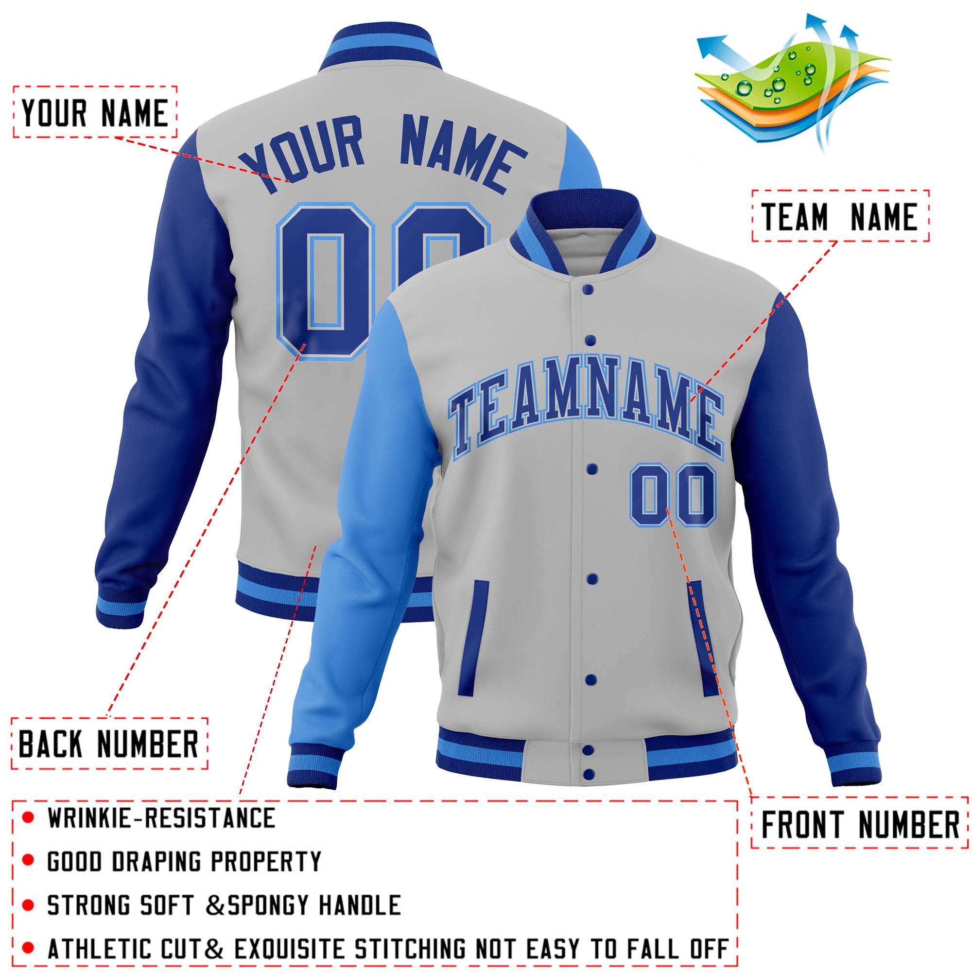 Custom Gray Royal-Powder Blue Full-Snap Varsity Raglan Sleeves Letterman Baseball Jacket