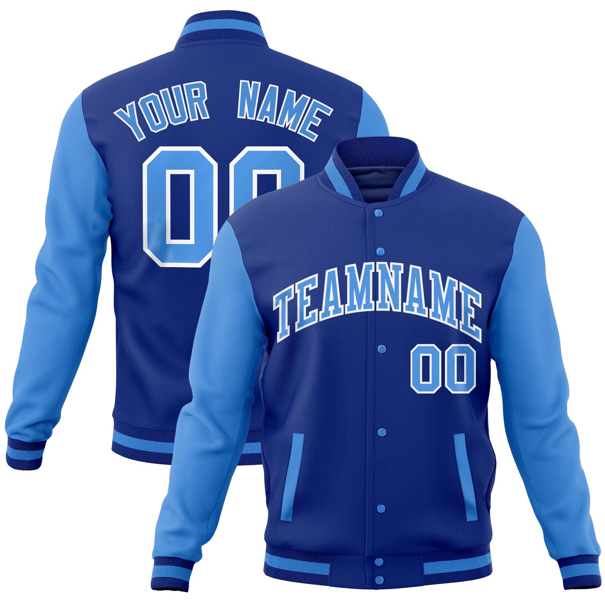 Custom Royal Powder Blue Full-Snap Varsity Raglan Sleeves Letterman Baseball Jacket