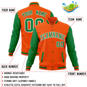 Custom White Kelly Green-Orange Full-Snap Varsity Raglan Sleeves Letterman Baseball Jacket