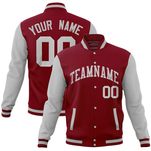 Custom Gray Crimson Full-Snap Varsity Raglan Sleeves Letterman Baseball Jacket