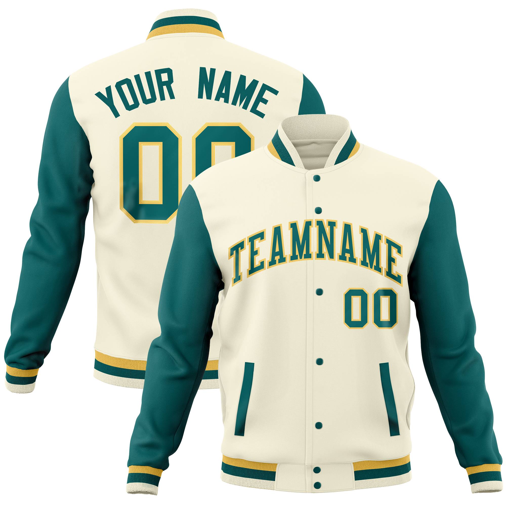 Custom Aqua Khaki-Cream Full-Snap Varsity Raglan Sleeves Letterman Baseball Jacket