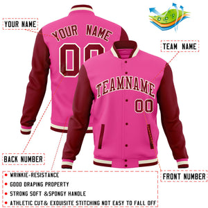 Custom Cream Crimson-Pink Full-Snap Varsity Raglan Sleeves Letterman Baseball Jacket