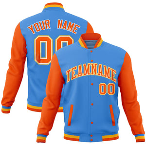 Custom Powder Blue Gold White Full-Snap Varsity Raglan Sleeves Letterman Baseball Jacket