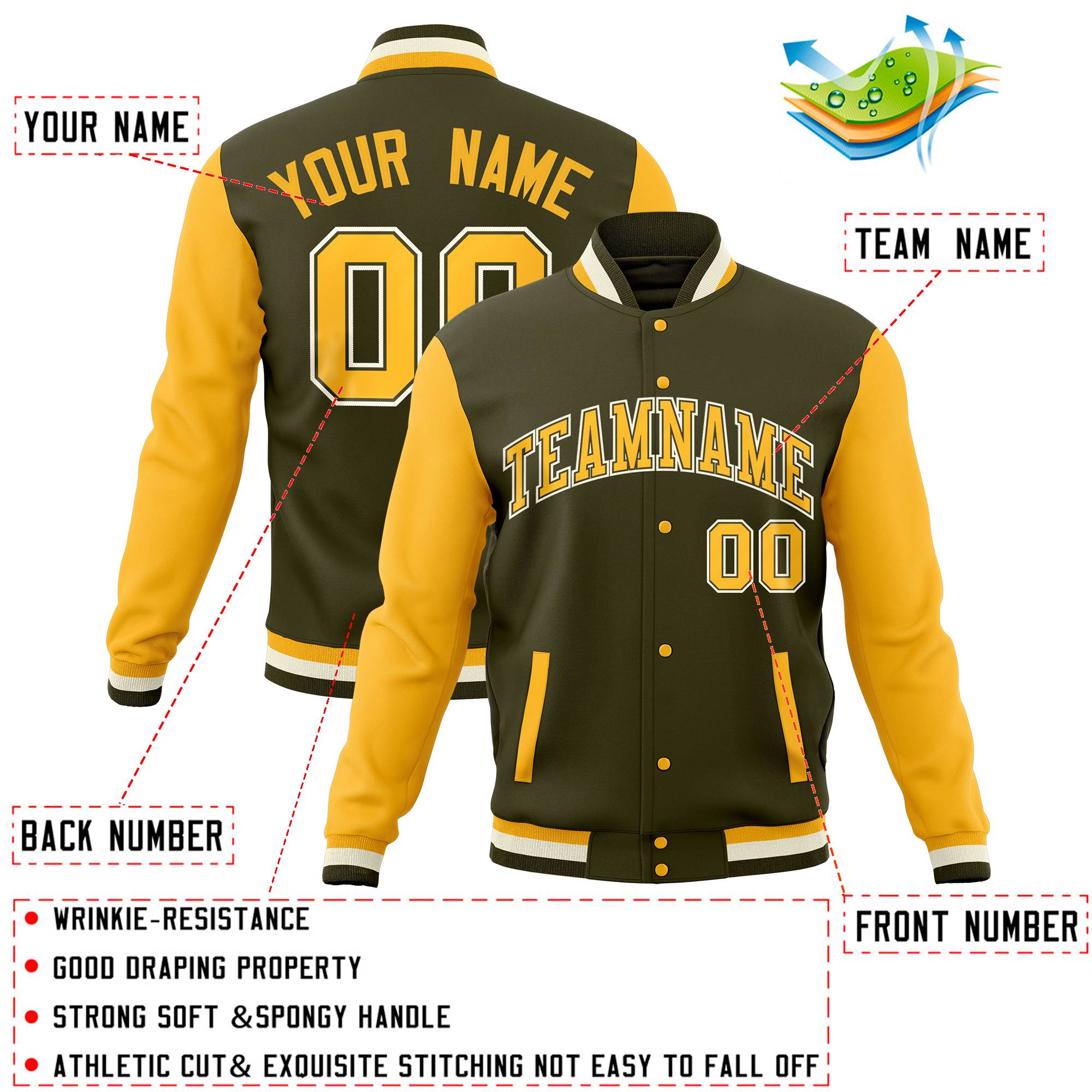 Custom Powder Blue Gold Full-Snap Varsity Raglan Sleeves Letterman Baseball Jacket