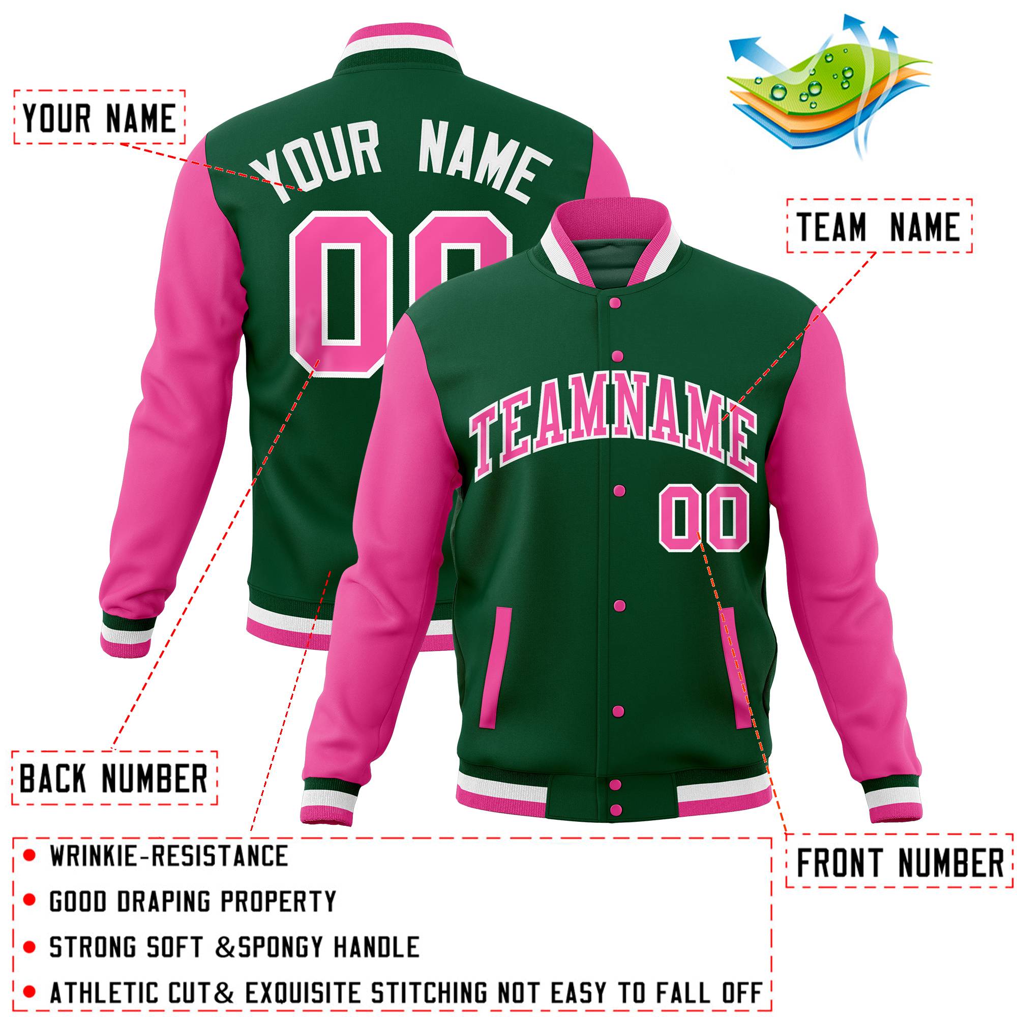 Custom Pink Midnight Green Full-Snap Varsity Raglan Sleeves Letterman Baseball Jacket