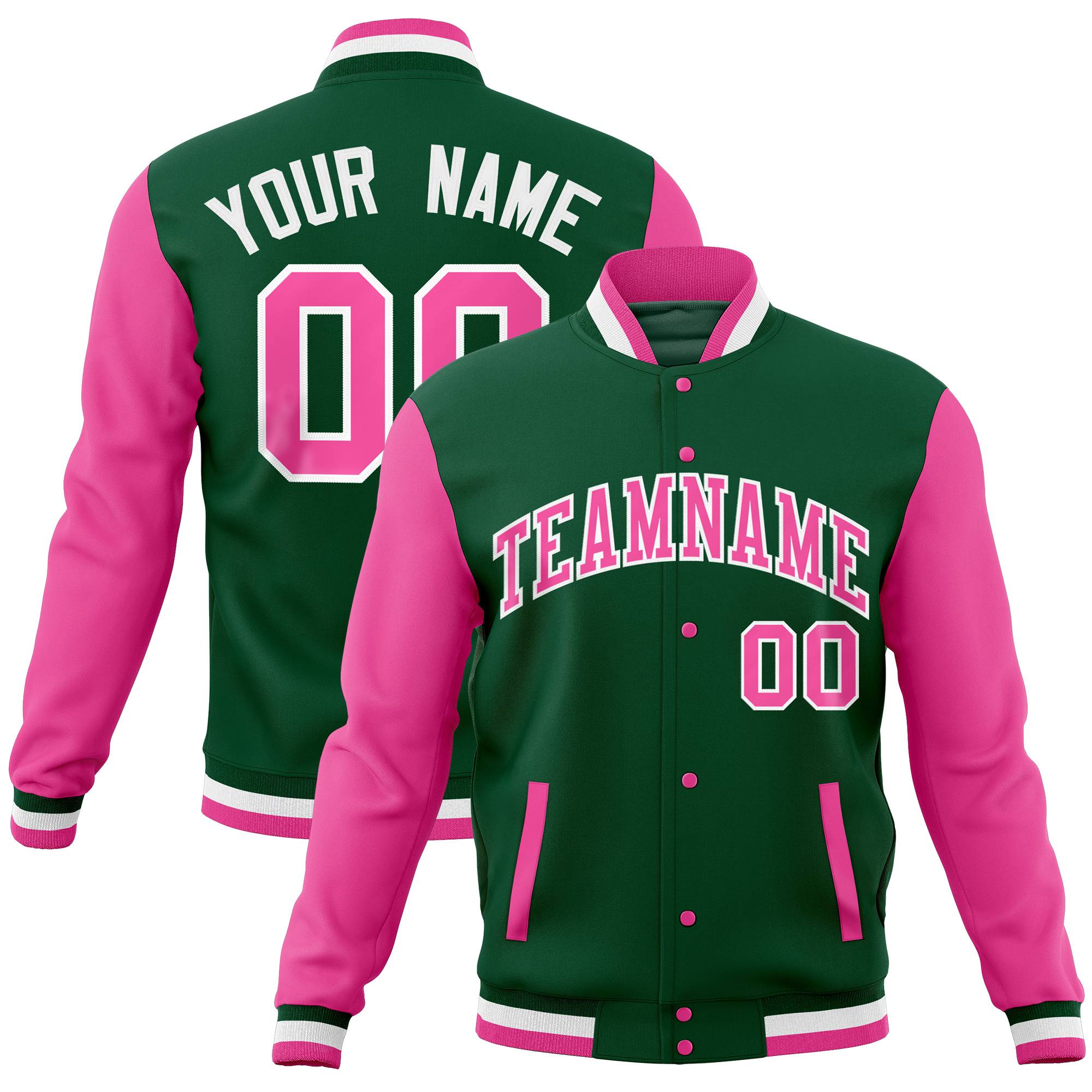 Custom Pink Midnight Green Full-Snap Varsity Raglan Sleeves Letterman Baseball Jacket