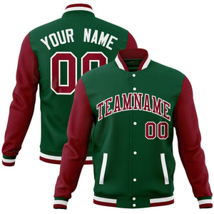 Custom White Green Full-Snap Varsity Raglan Sleeves Letterman Baseball Jacket